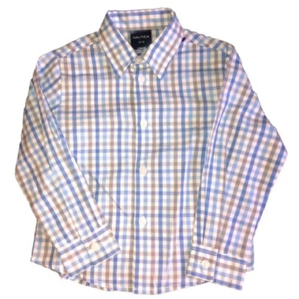 Nautica Long Sleeve Shirt 3T Blue Green Check & Clip Navy Dotted Tie 3T